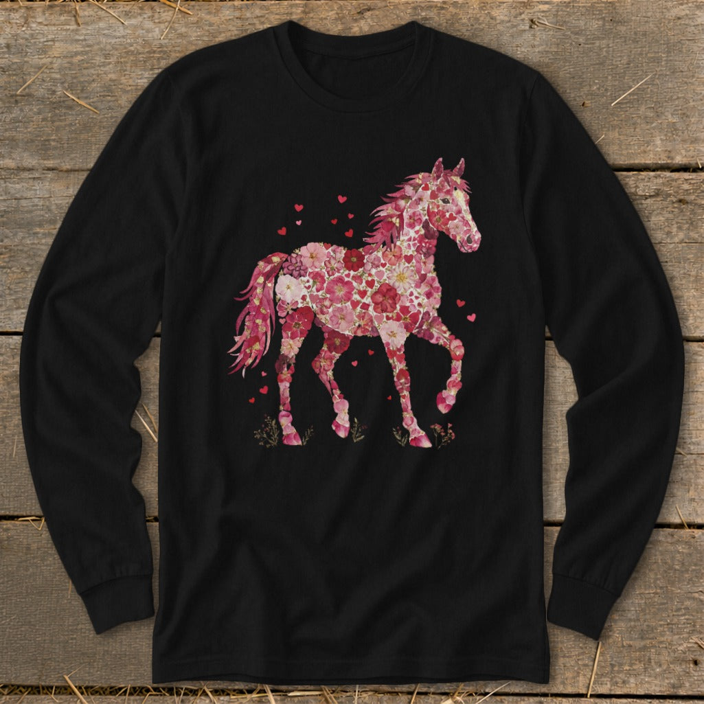 Black long-sleeve shirt with a pink floral horse design and scattered hearts.