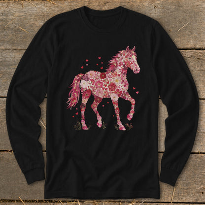 Black long-sleeve shirt with a pink floral horse design and scattered hearts.