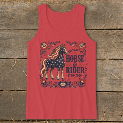 Horse with American flag pattern and "250 Years of Horse & Rider 1776-2026" text.