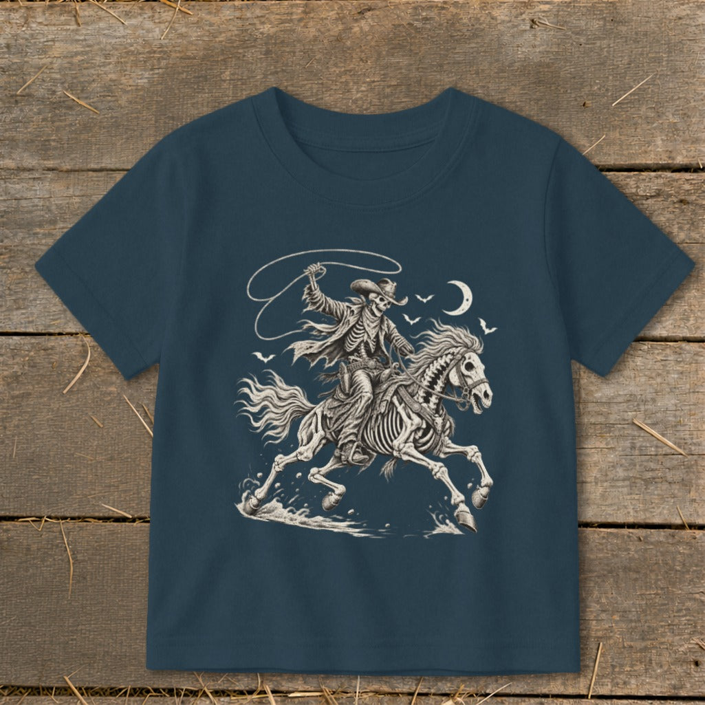 Skeleton cowboy riding a horse with a lasso under a crescent moon.