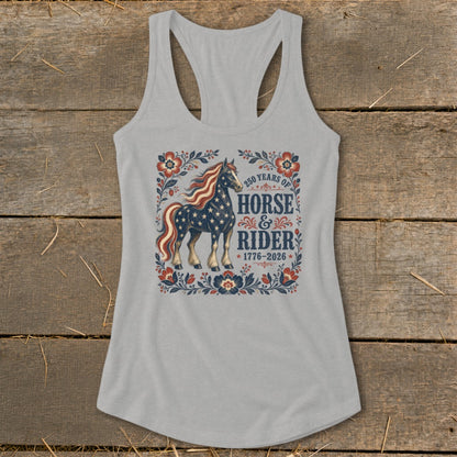 Grey tank top with a horse design featuring American flag stars and stripes, and text "250 Years of Horse & Rider 1776-2026".