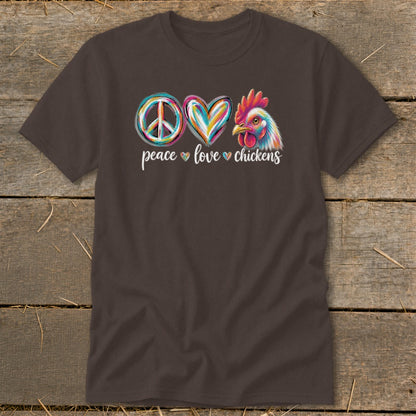 Brown t-shirt with peace sign, heart, and chicken graphic reading "peace love chickens".
