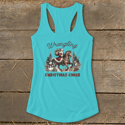 Santa rides a horse with a snowman and deer in a festive winter scene with "Wrangling Christmas Cheer" text.
