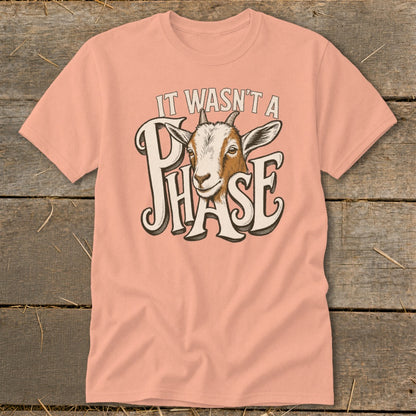 Peach t-shirt with goat graphic and text "IT WASN'T A PHASE".