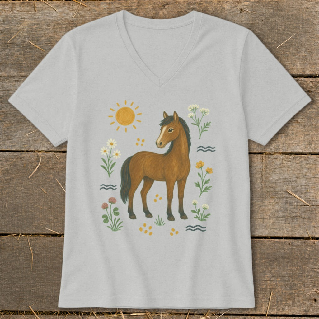 Gray v-neck t-shirt with a brown horse surrounded by flowers, sun, and waves.