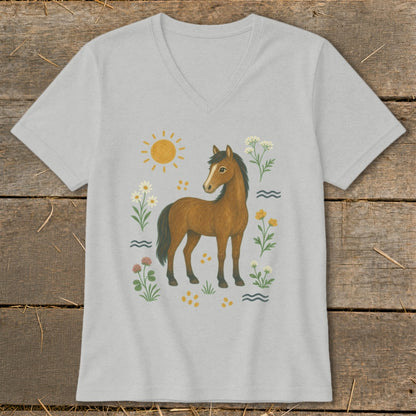 Gray v-neck t-shirt with a brown horse surrounded by flowers, sun, and waves.