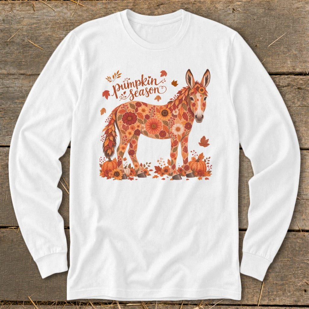 Donkey made of flowers with "Pumpkin season" text and pumpkins.