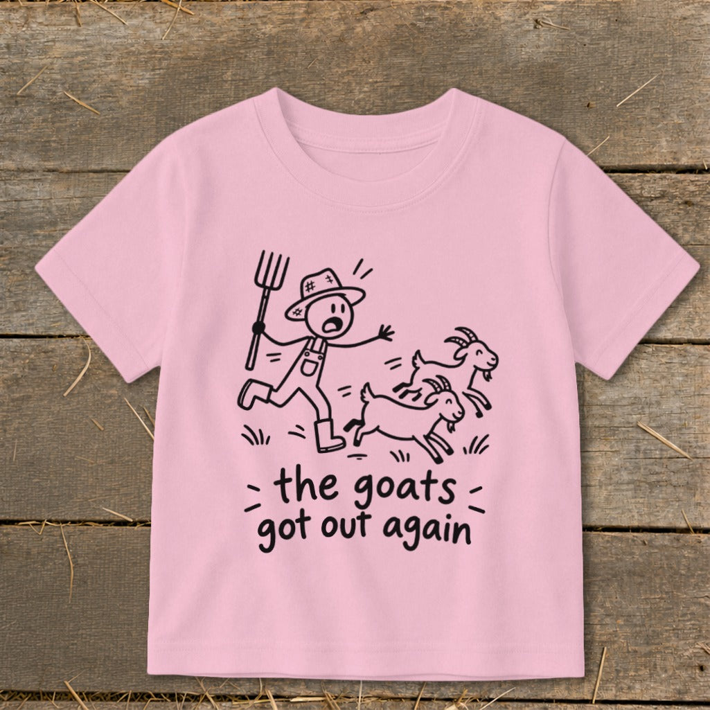 Stick figure farmer chasing goats with text "the goats got out again."