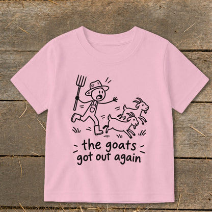 Stick figure farmer chasing goats with text "the goats got out again."