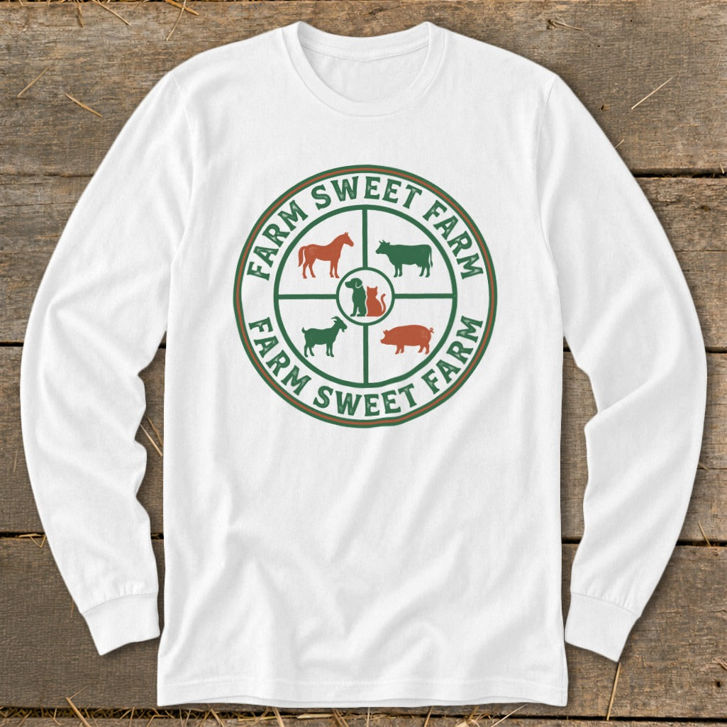 White long sleeve shirt with a circular farm animal graphic and text.