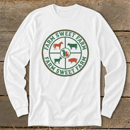 White long sleeve shirt with a circular farm animal graphic and text.