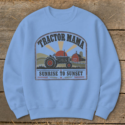 Light blue sweatshirt with "Tractor Mama Sunrise to Sunset" graphic and farm scene.