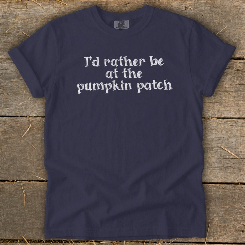 Navy t-shirt with white text that reads "I'd rather be at the pumpkin patch".