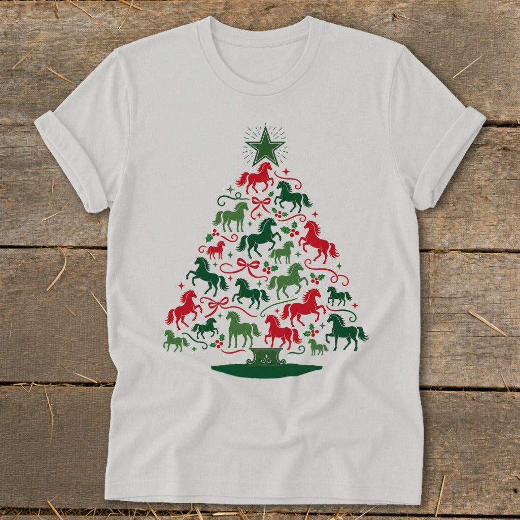 White t-shirt with a Christmas tree design made of red and green horses.