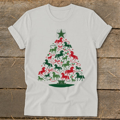 White t-shirt with a Christmas tree design made of red and green horses.