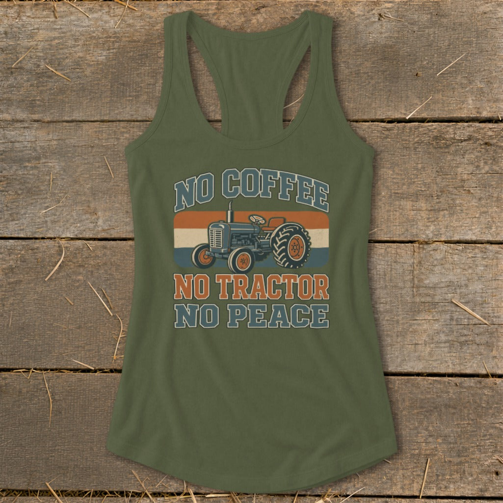 Green tank top with "No Coffee No Tractor No Peace" and tractor graphic.