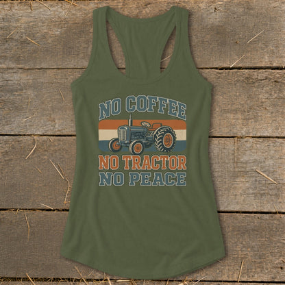 Green tank top with "No Coffee No Tractor No Peace" and tractor graphic.