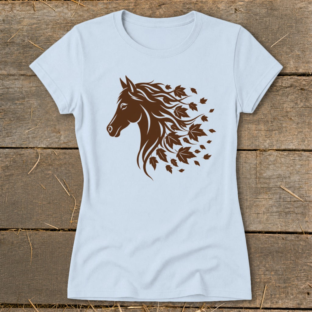 Light blue t-shirt with a brown horse head and flowing mane made of leaves.