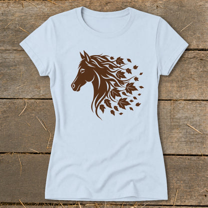 Light blue t-shirt with a brown horse head and flowing mane made of leaves.