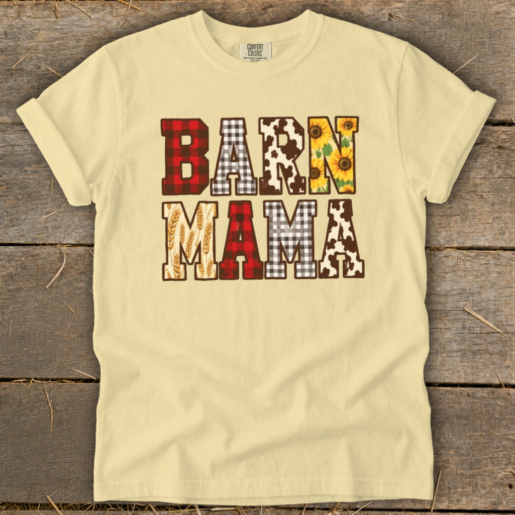Cream t-shirt with "BARN MAMA" text in various farm-themed patterns.