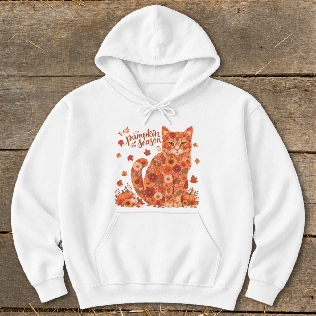 White hoodie with a floral cat design and "pumpkin season" text.
