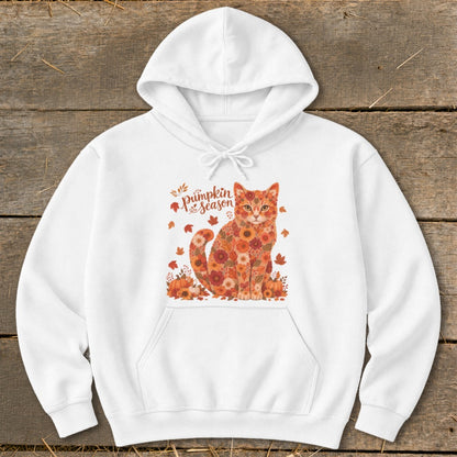 White hoodie with a floral cat design and "pumpkin season" text.