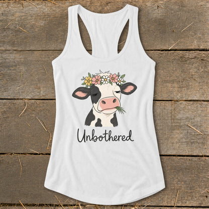 White tank top with a cartoon cow wearing a floral crown and the word "Unbothered".