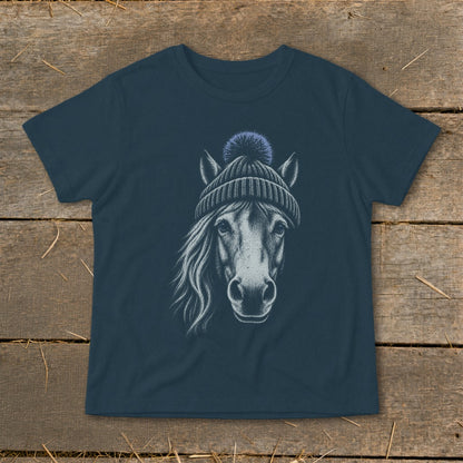Dark blue t-shirt with a detailed drawing of a horse wearing a beanie.