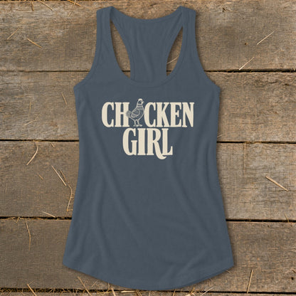 Slate blue tank top with "Chicken Girl" text and a chicken illustration.
