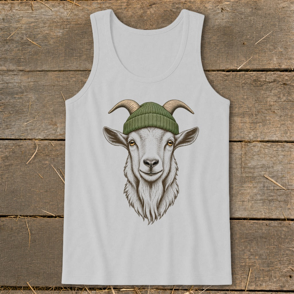 White tank top with a drawing of a goat wearing a green beanie.