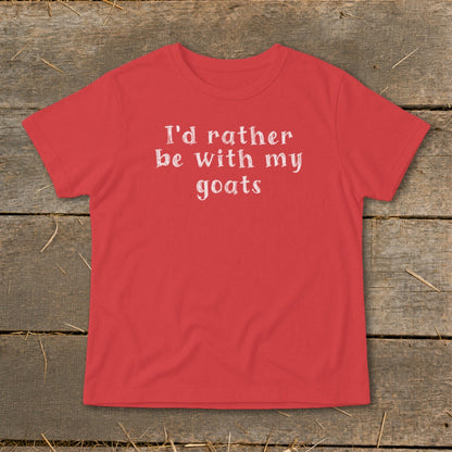 Red t-shirt with white text that reads "I'd rather be with my goats."