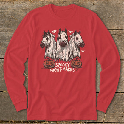 Red long sleeve shirt with spooky horses in ghost costumes and pumpkins, text "SPOOKY NIGHT-MARES".