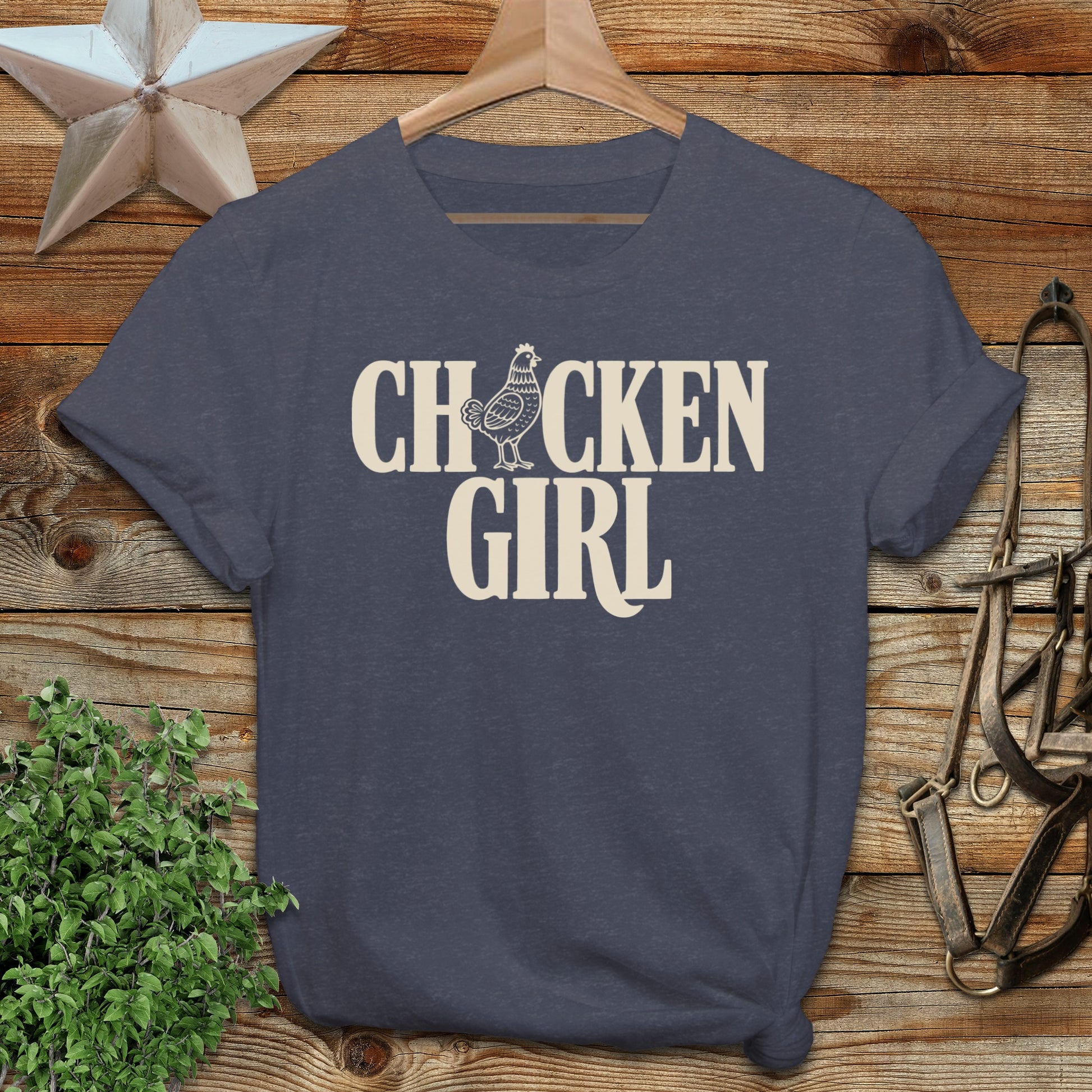 Dark heather t-shirt with "Chicken Girl" text and a chicken graphic.