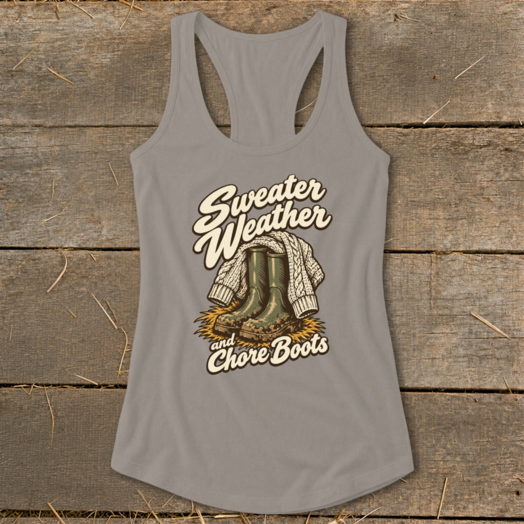 Grey tank top with "Sweater Weather and Chore Boots" graphic and boots.
