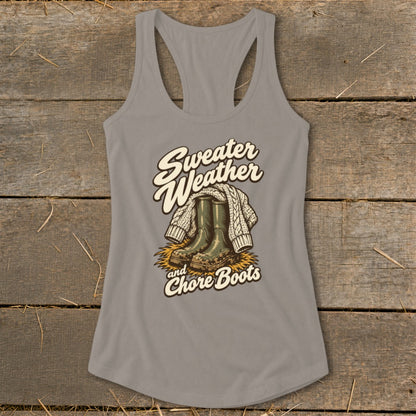 Grey tank top with "Sweater Weather and Chore Boots" graphic and boots.