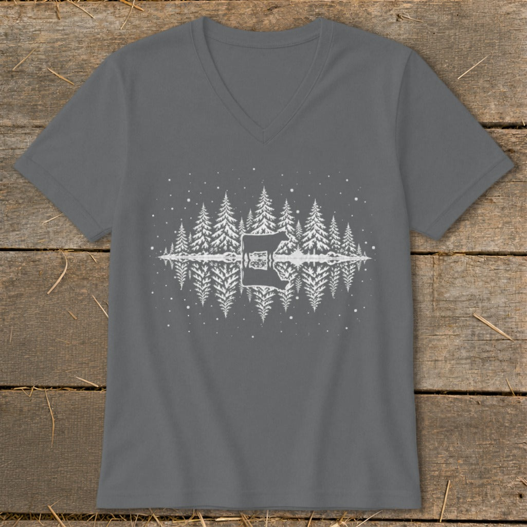 Grey v-neck t-shirt with a white graphic of a cow reflected in a forest scene.