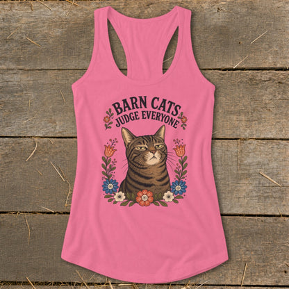 Pink tank top with "Barn Cats Judge Everyone" text and a cat portrait in floral frame.