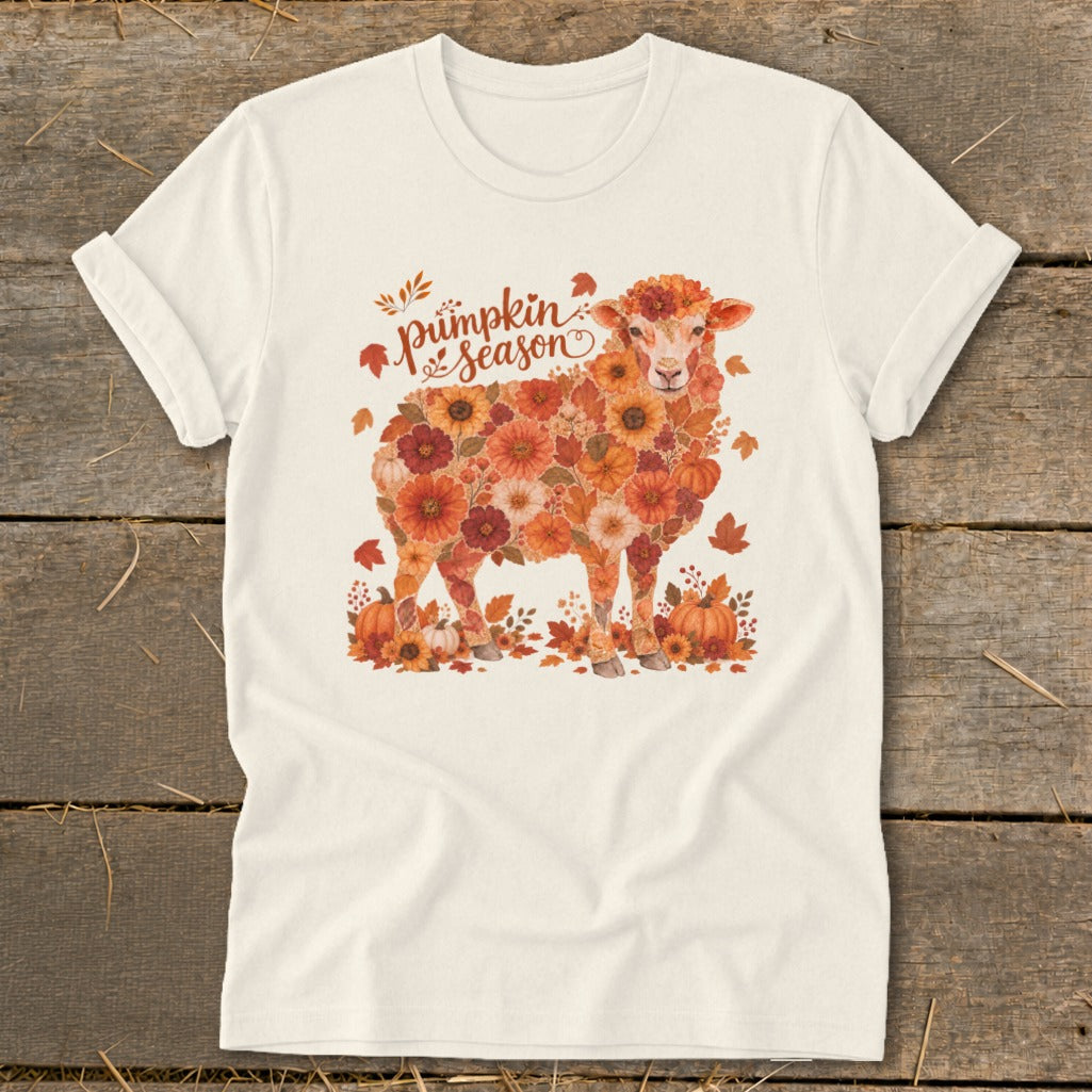 Sheep made of autumn flowers with "Pumpkin Season" text and pumpkins.
