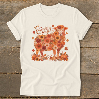 Sheep made of autumn flowers with "Pumpkin Season" text and pumpkins.