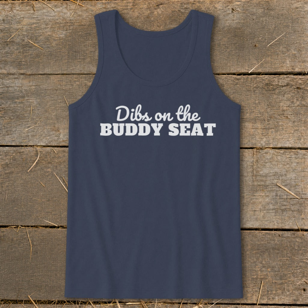 Navy tank top with white text "Dibs on the BUDDY SEAT".