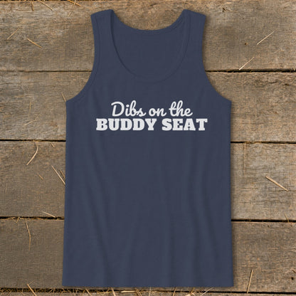 Navy tank top with white text "Dibs on the BUDDY SEAT".