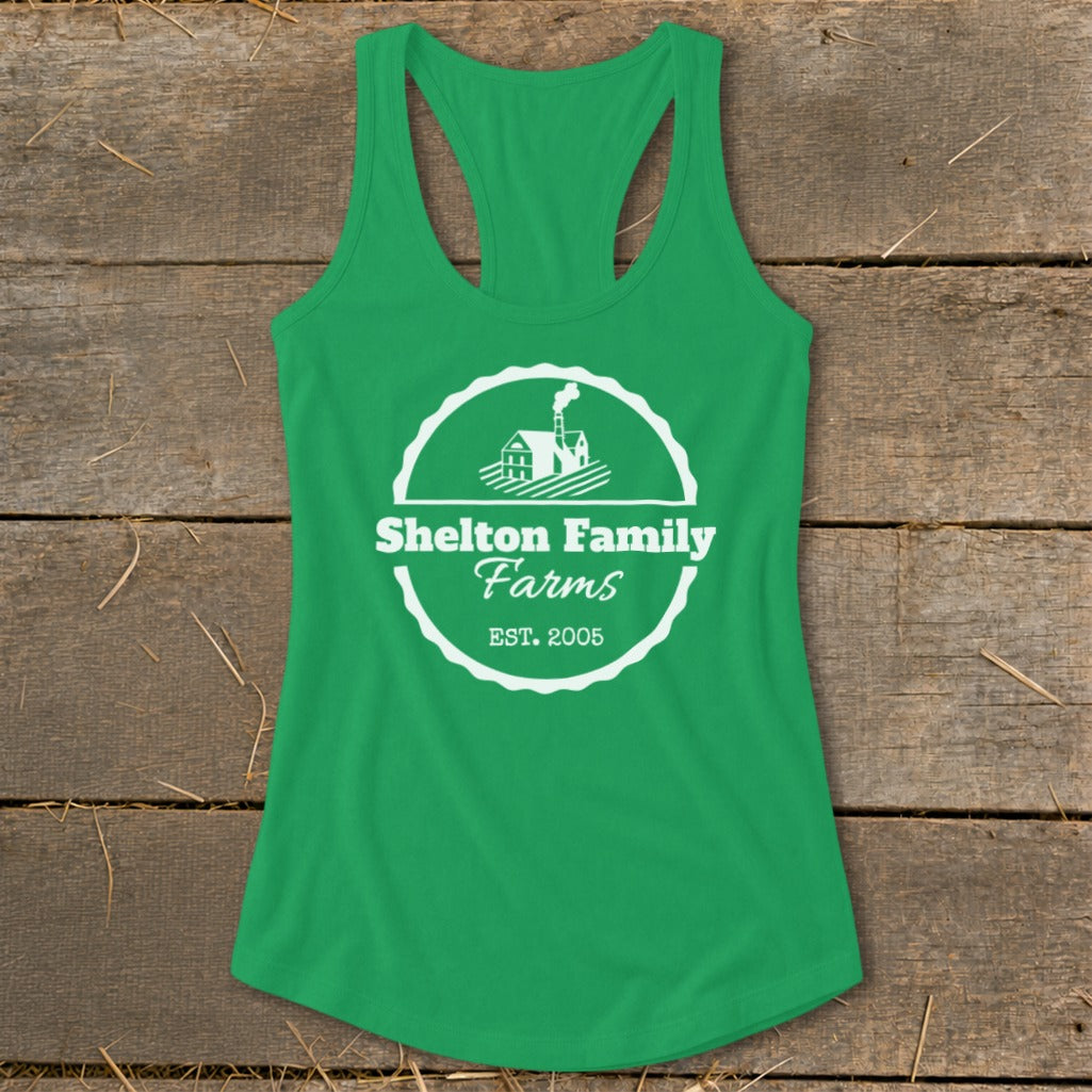 Green tank top with white Shelton Family Farms logo and est. 2005.