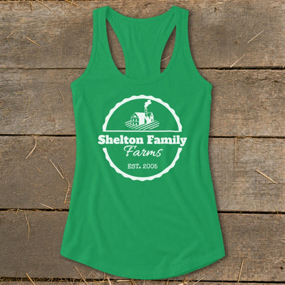 Green tank top with white Shelton Family Farms logo and est. 2005.