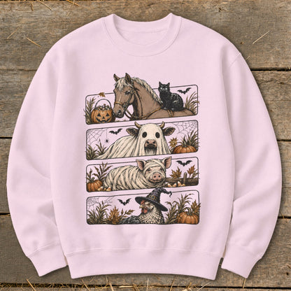 Farm animals dressed in Halloween costumes: horse with cat, cow ghost, mummy pig, chicken witch.