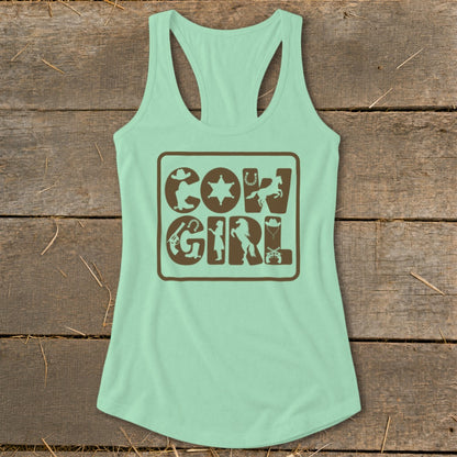Mint green tank top with brown "COWGIRL" text featuring Western-themed icons.