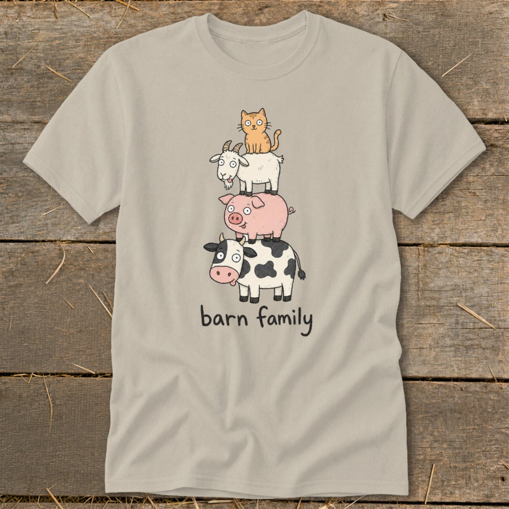 T-shirt with cartoon cow, pig, goat, and cat stacked with "barn family" text.