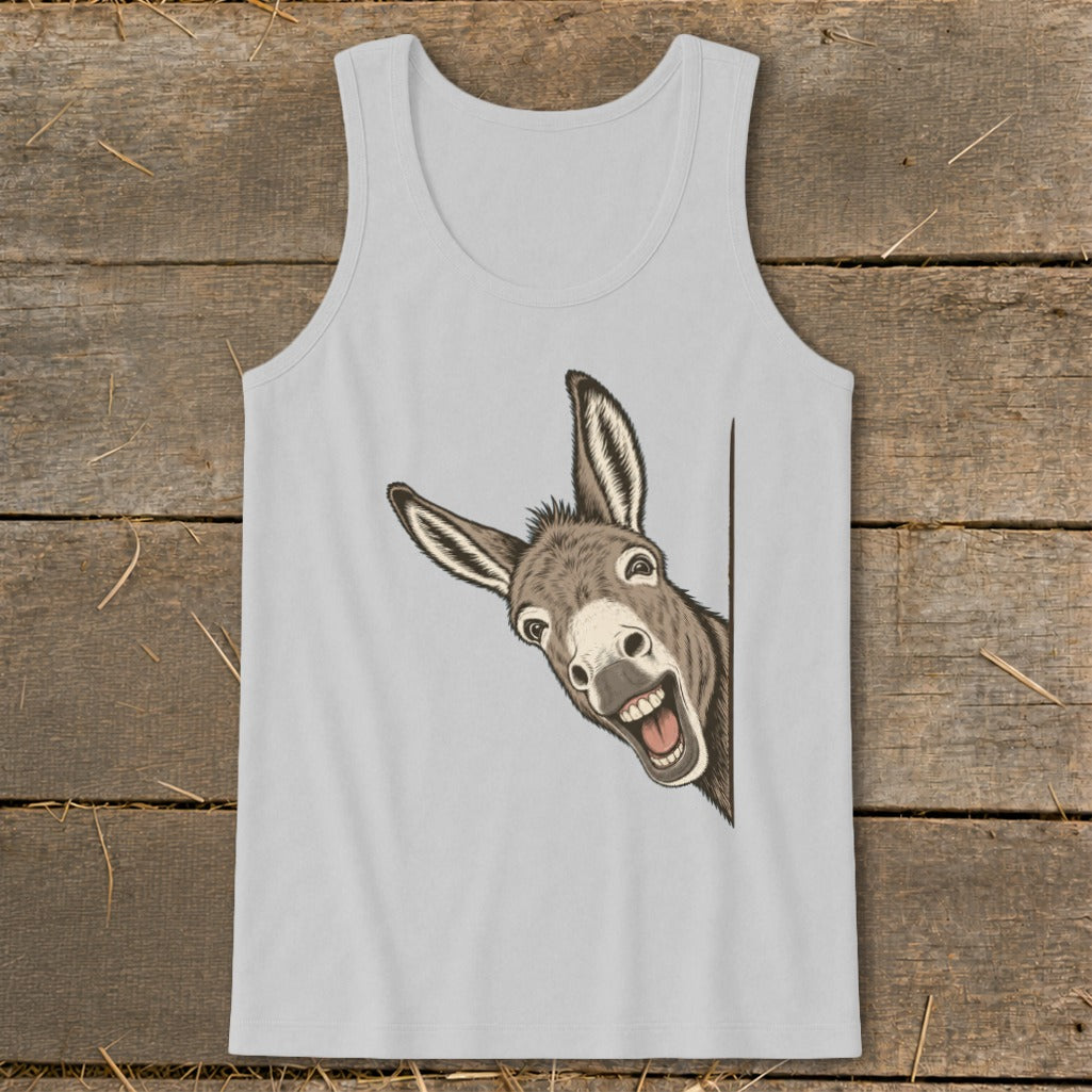 Light gray tank top with a smiling donkey peeking from the side.