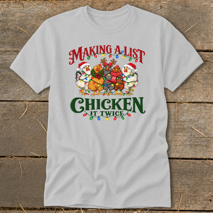 Chickens in Santa hats and scarves with Christmas lights say "Making a list, chicken it twice".