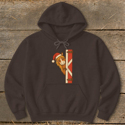Dark brown hoodie with a cartoon horse wearing a Santa hat peeking around a barn door.