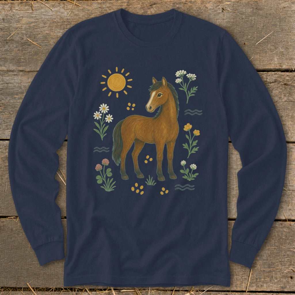 Brown horse with sun and flowers design on navy long sleeve shirt.